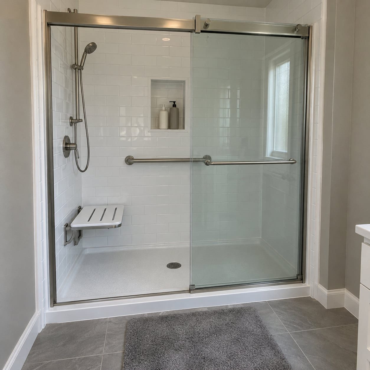 A finished walk-in shower with a fold-down seat, grab bars and sliding glass door