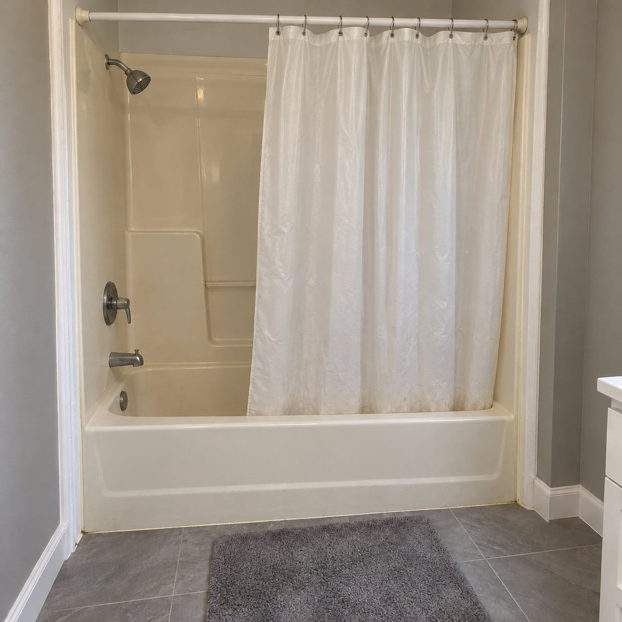 The same bathroom before: a dated bathtub with a shower curtain