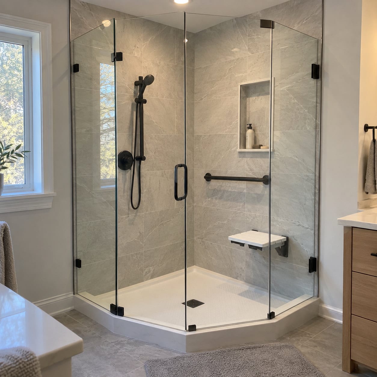 Gray marble corner shower