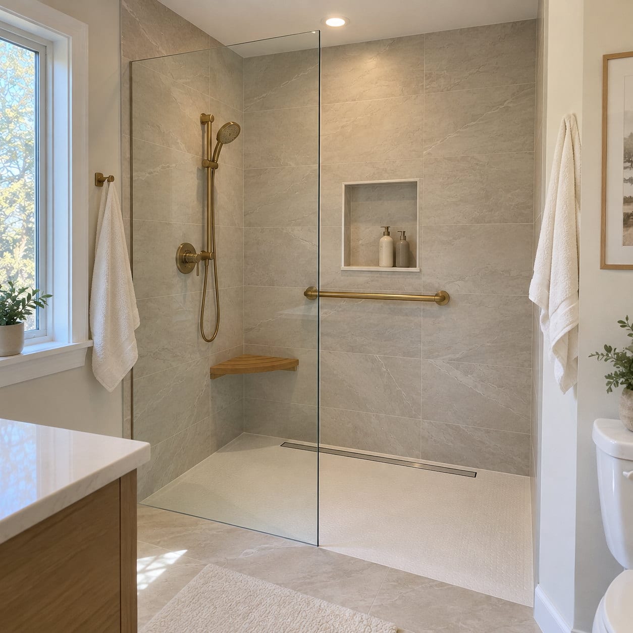 Warm neutral spa bathroom